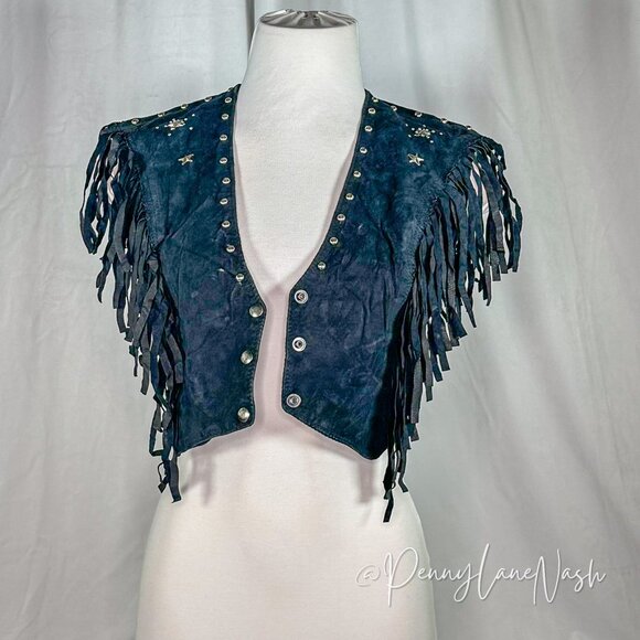 Vintage West Wind Fringe Studded Cropped Vest Black - Picture 2 of 7